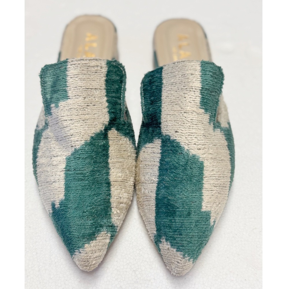 Alara The Label Teal Velvet Ikat Pointed Toe Mules Flats Size 40 US 10